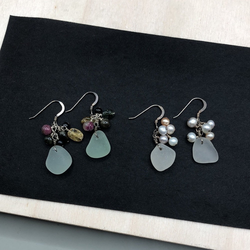 Artisan Sterling Silver Sea Glass Pearl Gemstone Earrings
